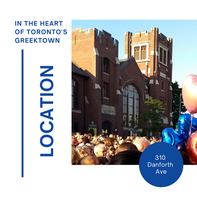 Danforth Ave location card with brick buildings, crowd, and blue balloons in Toronto’s Greektown