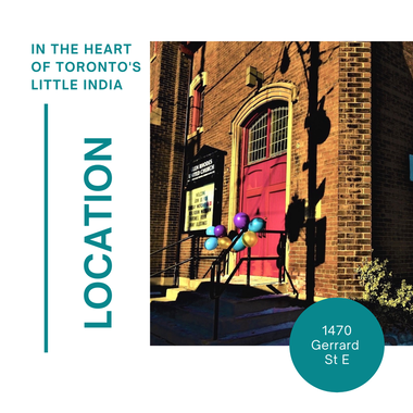 Toronto Little India location card with brick building, pink door, balloons, and address 1470 Gerrard St E