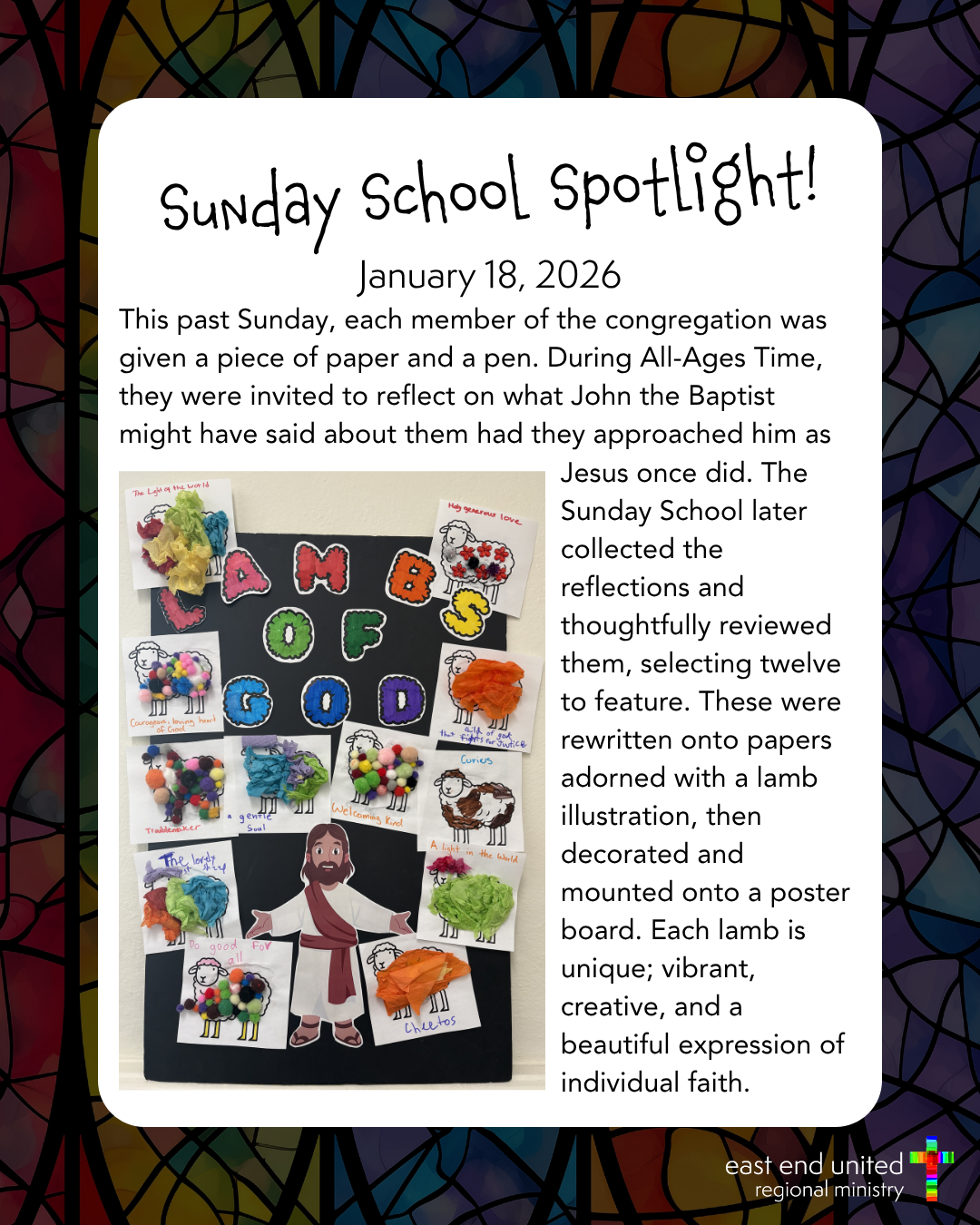 Sunday School Spotlight poster with colorful children’s artwork and a text announcement on a white background