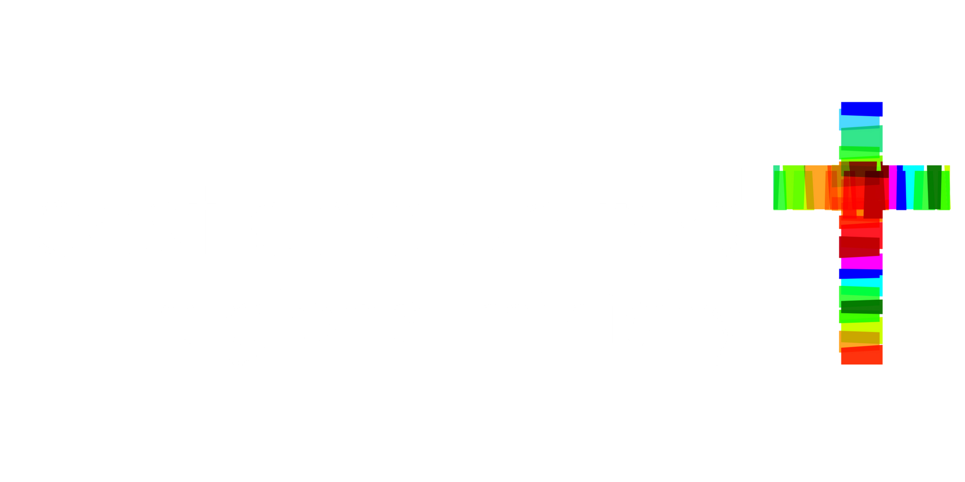 Rainbow-striped cross near the upper right on a white background
