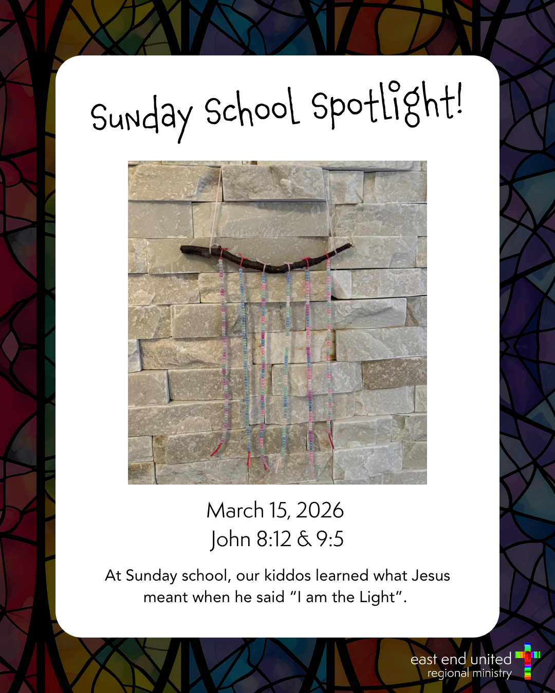 Sunday School Spotlight poster with a stone wall cross and flowing streamers, titled “Sunday School Spotlight!”