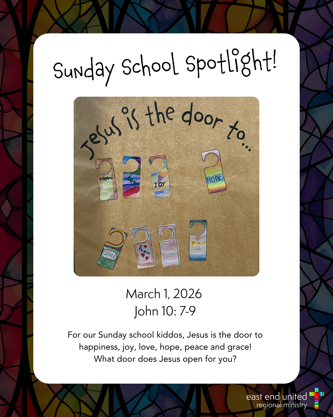 Sunday School Spotlight poster with colorful candy bars and Bible verse text on a white background