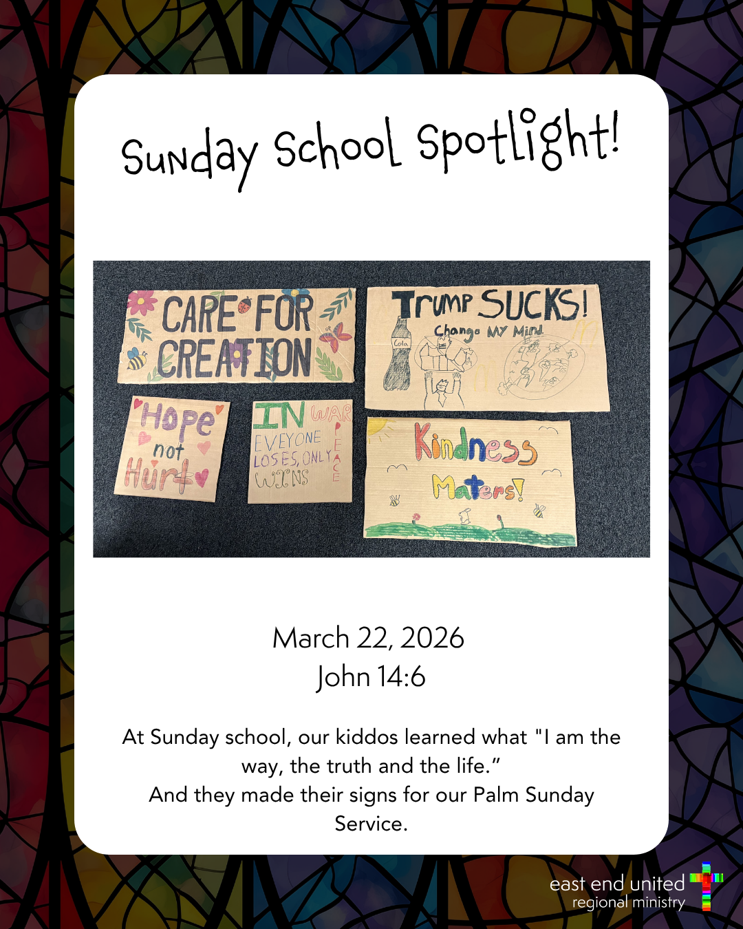 Sunday School Spotlight poster with colorful children’s artwork and the title at top.