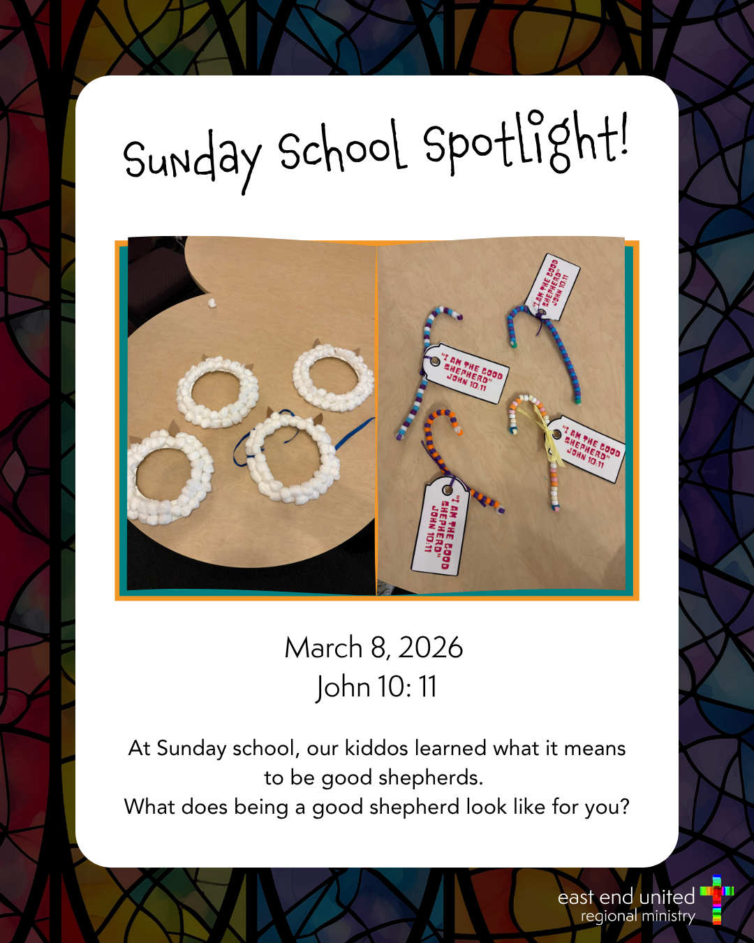 Sunday School Spotlight poster with craft photos, title text, and colorful stained-glass border