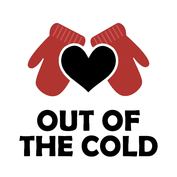 Red mittens around a black heart with text: “OUT OF THE COLD”