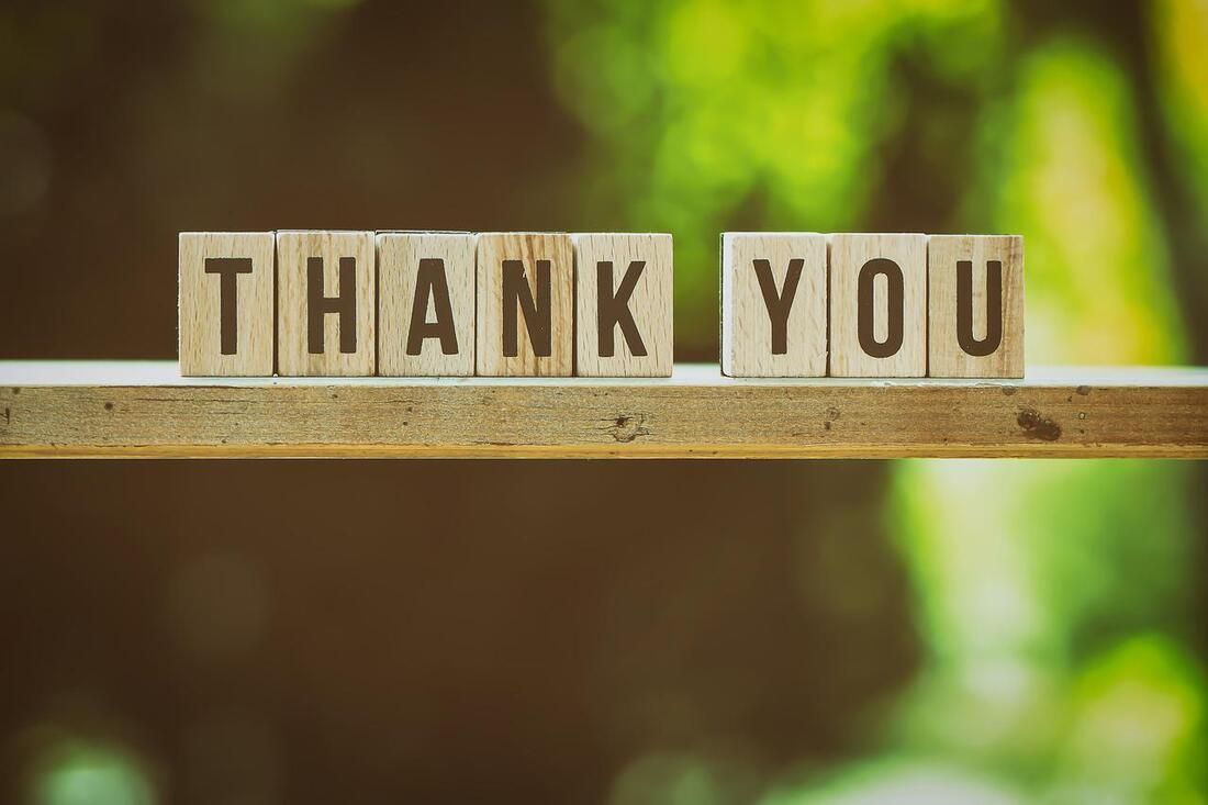 Wooden blocks spelling “THANK YOU” on a shelf with a blurred green background
