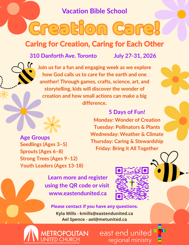Vacation Bible School flyer for Creation Care with bees, flowers, orange background, dates, schedule, and QR code