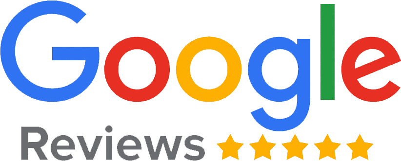 A google reviews logo with five stars on a white background.