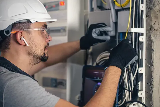 Electrician in hardhat and gloves working on wiring inside a panel.