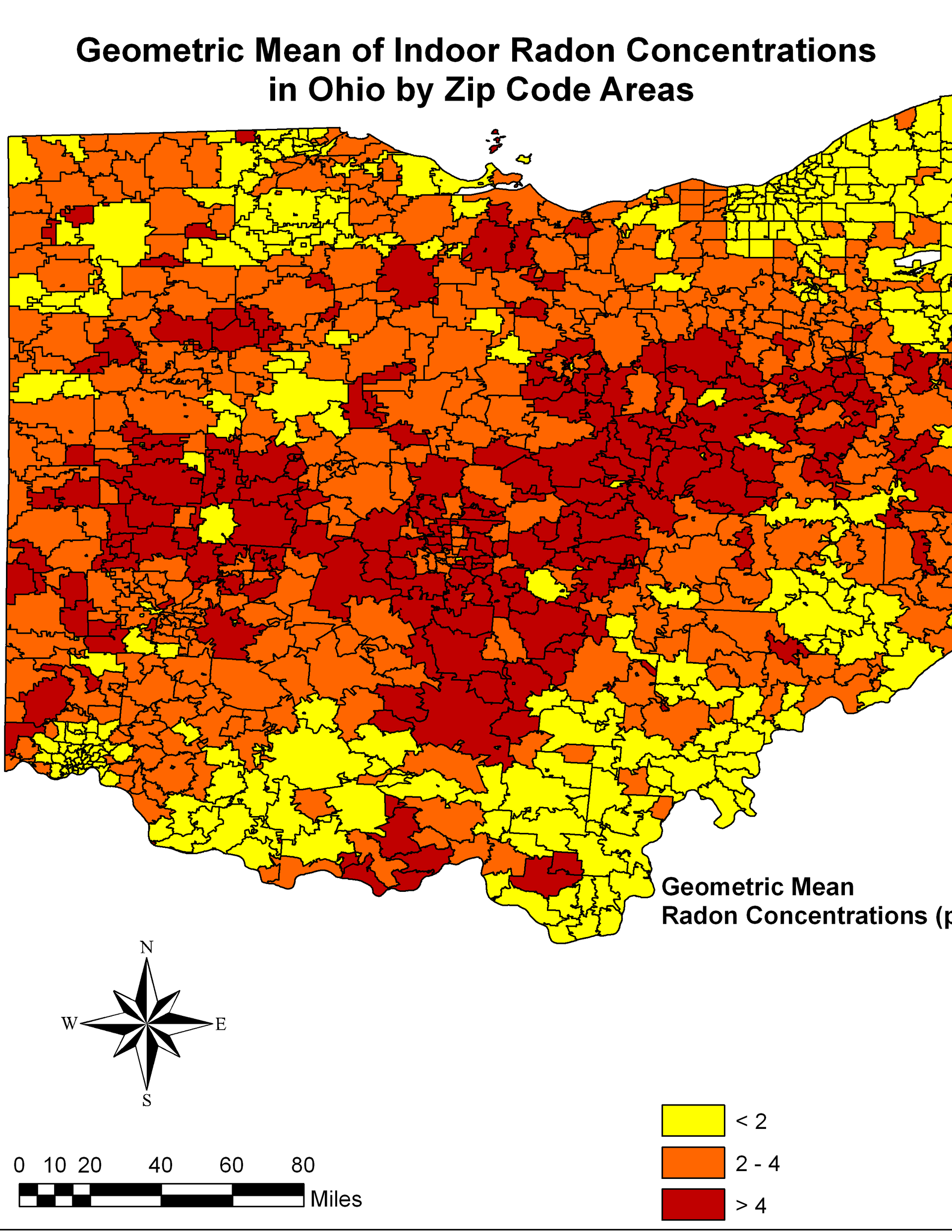 A map showing the geometric mean of indoor radon concentrations in ohio by zip code areas