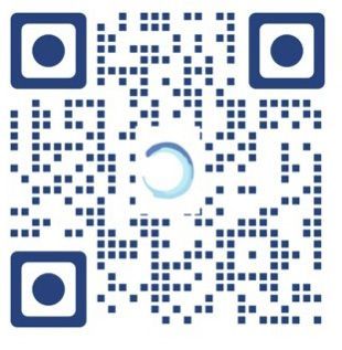 Blue QR code with rounded square finder patterns and a circular logo in the center