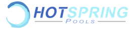 Hotspring Pools logo with blue circular icon and blue-gray text