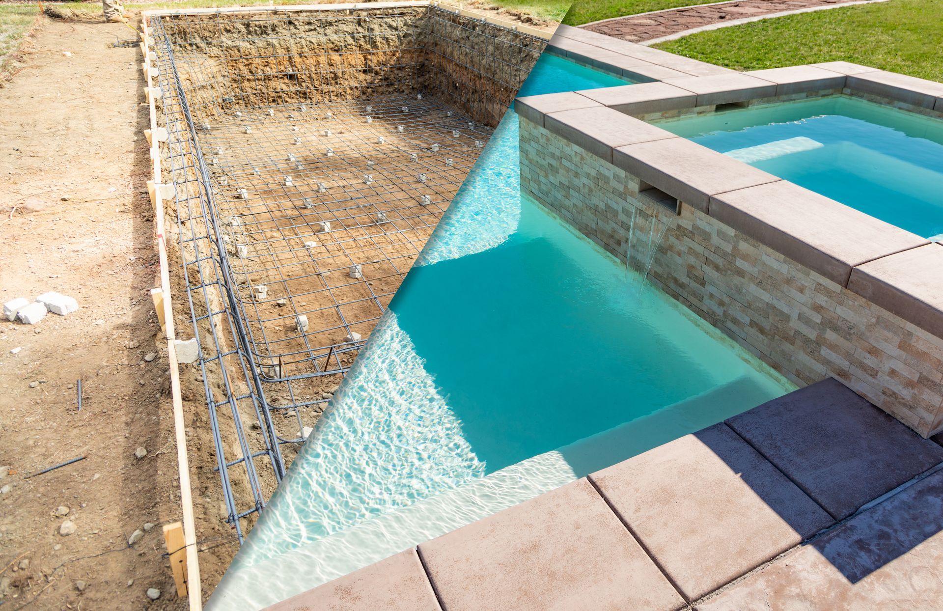 Dramatic split-view of a pool before and after filling with blue water, showing construction and finished stone edging