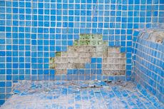 Blue mosaic tiled wall with a weathered, broken patch exposing concrete and greenery behind it