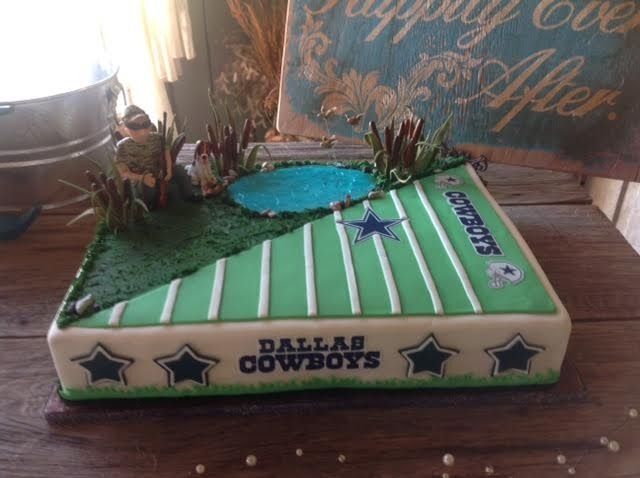 Dallas Cowboys-themed cake with green striped field and a blue pool on top, decorated with stars.