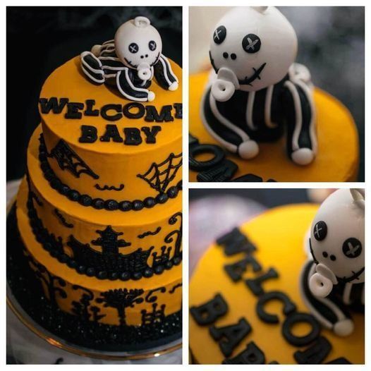 Halloween-themed black and yellow cake with a skeleton topper and “Welcome Baby” lettering