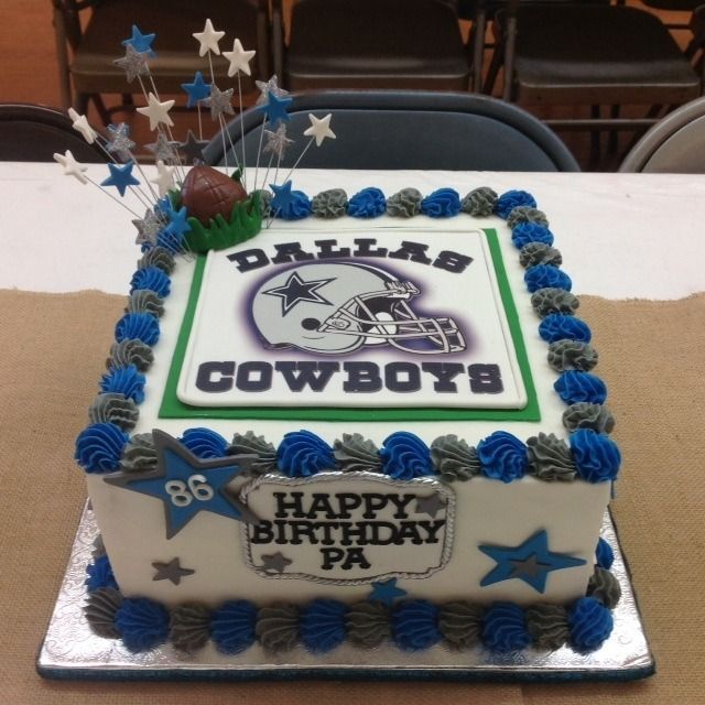 Dallas Cowboys birthday cake with blue frosting and “Happy Birthday Pa” decoration