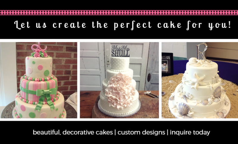 Three decorated custom cakes on display with “Let us create the perfect cake for you!” banner above