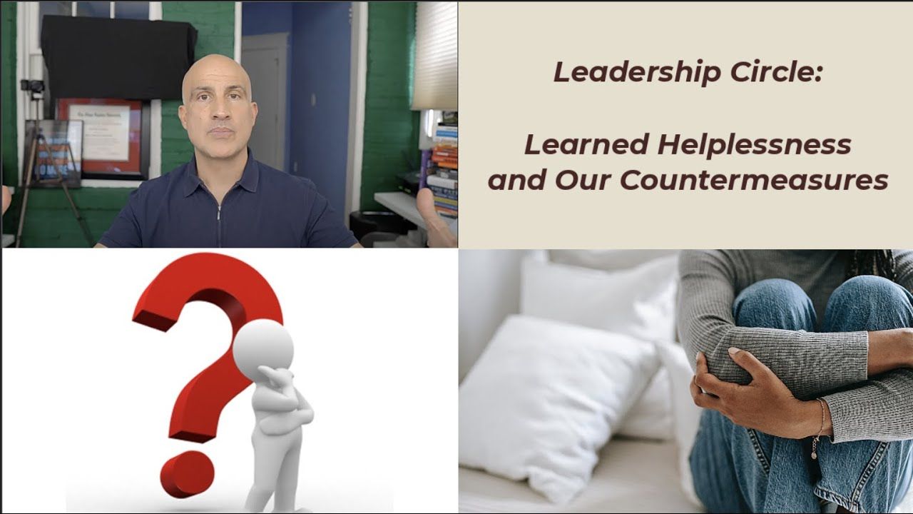 Image with text about learned helplessness. Man speaking, a question mark, and a person in a fetal position.
