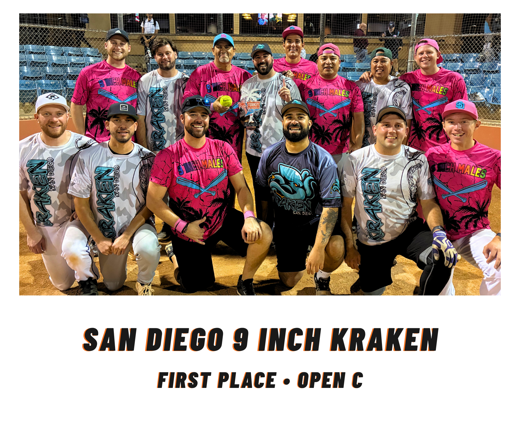 Team photo of San Diego 9 Inch Kraken in pink and white jerseys, holding first place, Open C banner