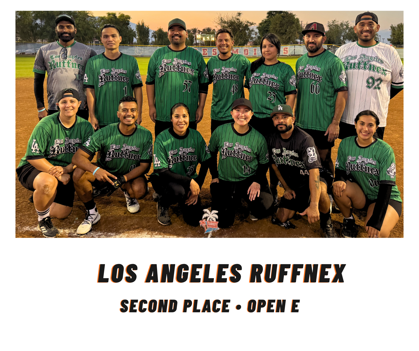 Los Angeles Ruffnex team group photo in green uniforms, labeled “Second Place - Open E.”