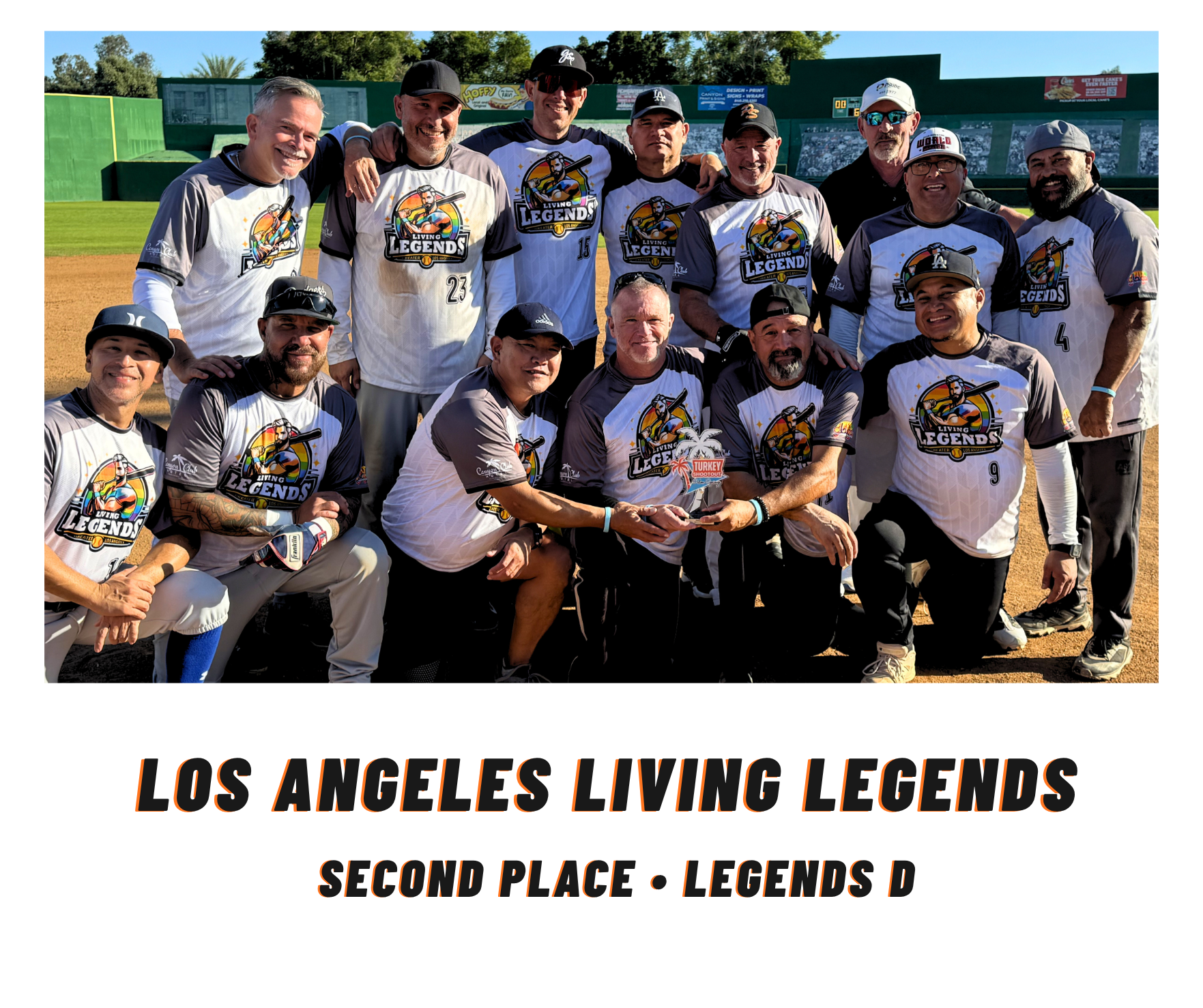 Los Angeles Living Legends baseball team posing with trophy; caption reads second place, Legends B.