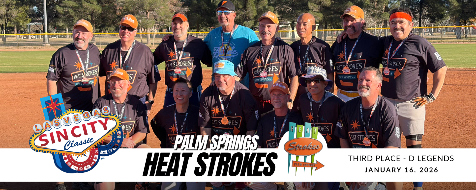 Team photo of Cincinnati Heat Strikes softball players in black jerseys, standing in front of a field banner.