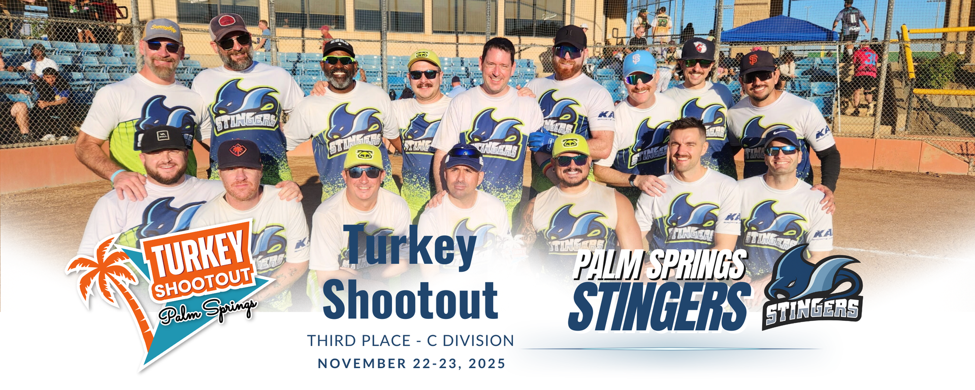 Turkey Shootout hockey team photo with players in white jerseys, red and blue logos, and arena backdrop