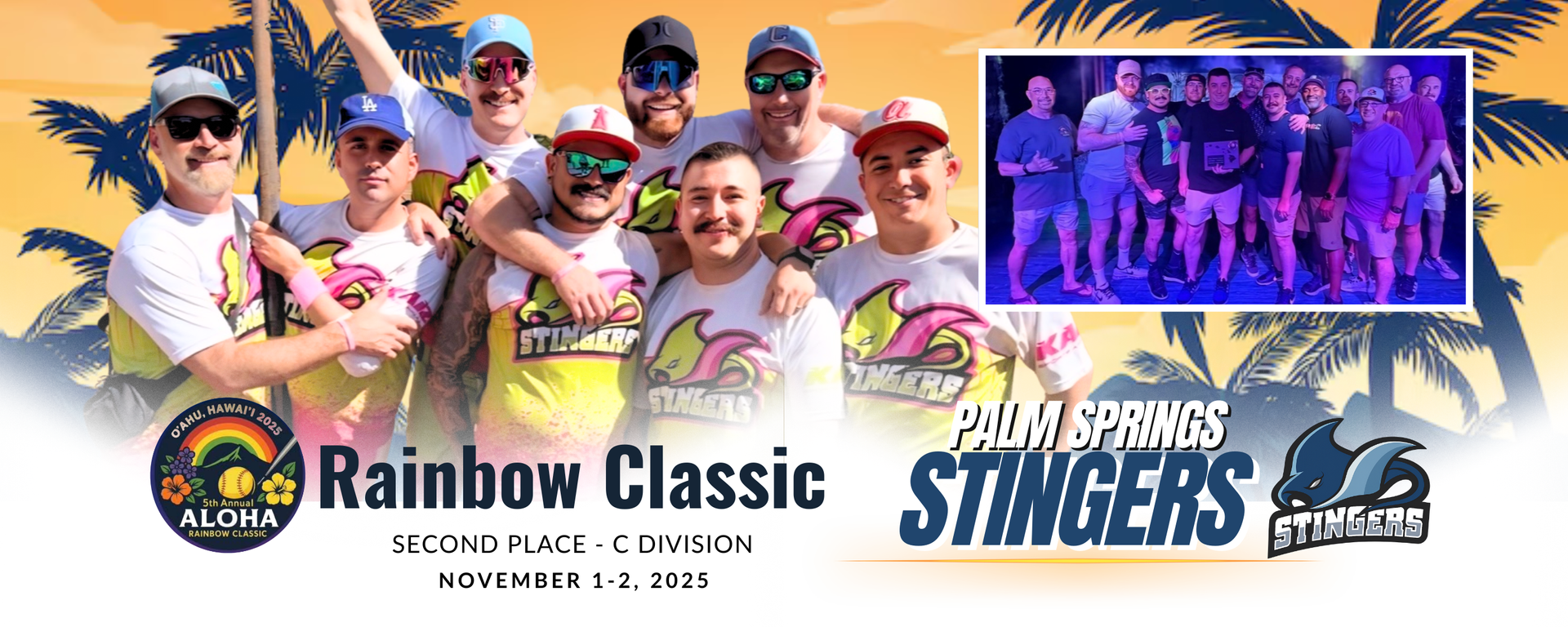 Rainbow Classic softball promo with smiling players, rainbow graphics, and Stingers team logo