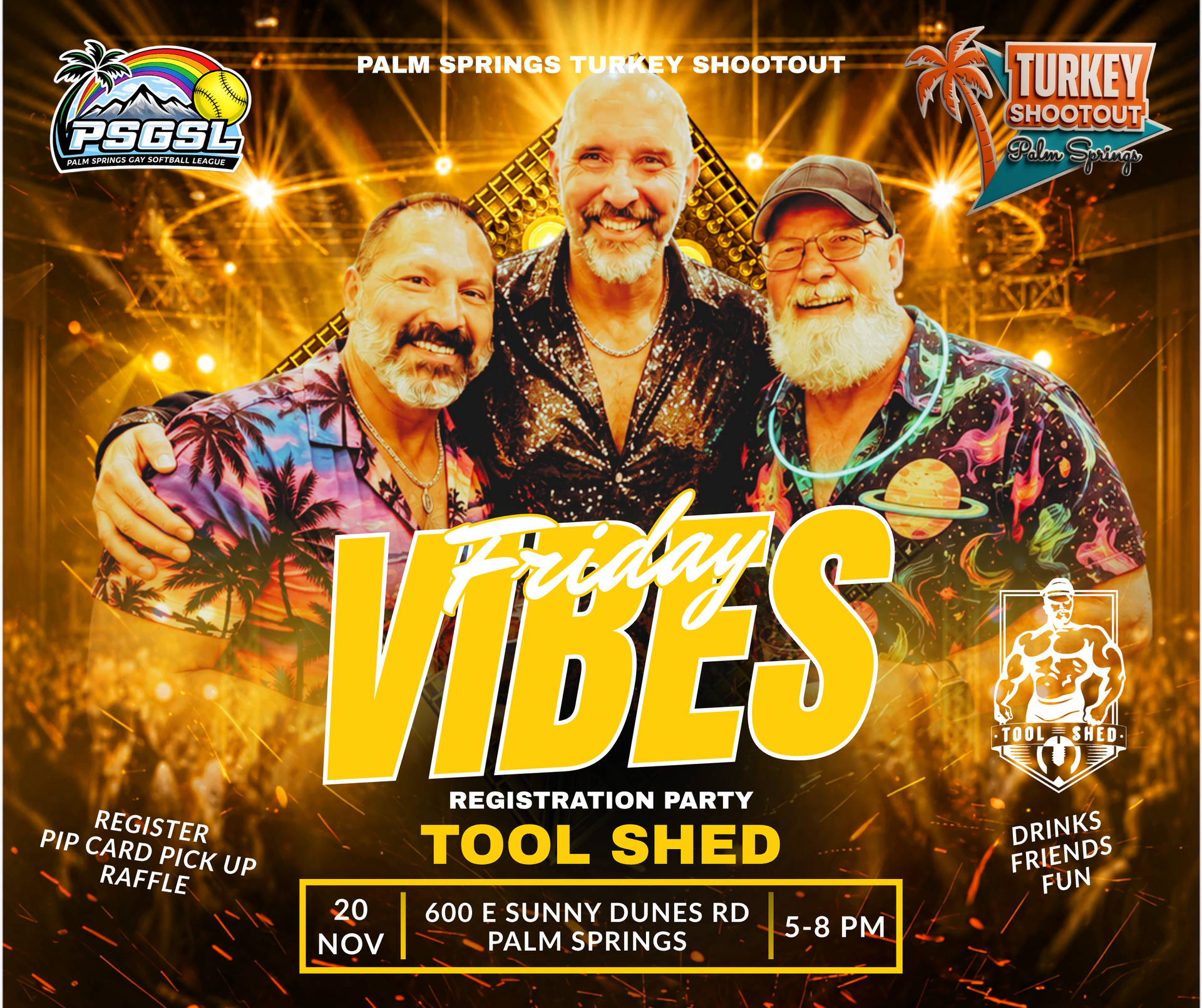Opening party poster with three men, orange text, and event details: November 20, 5 PM, 300 E. Sunny Dunes Rd.