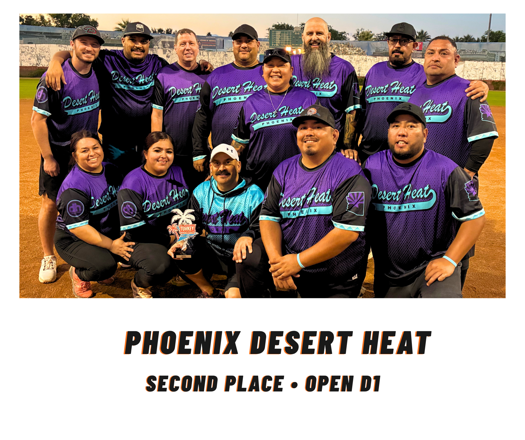 Phoenix Desert Heat softball team in purple jerseys, posing for a group photo; caption reads “Second Place • Open 01”