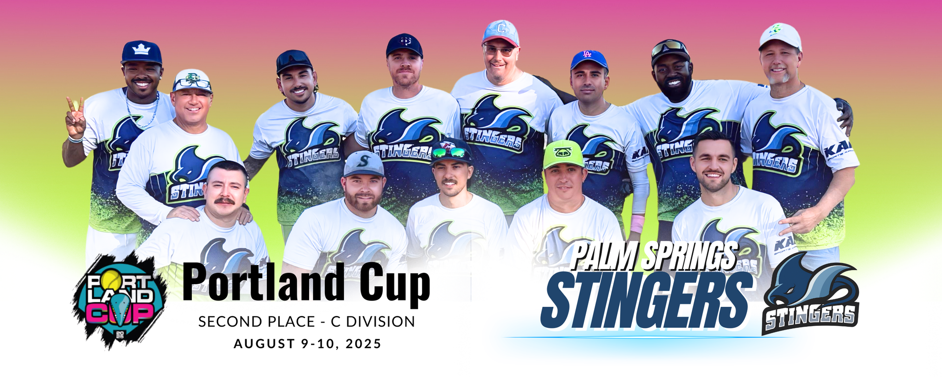 Portland Cup softball team lineup in white jerseys with event logos and “Stingers” text on a blue-and-white banner