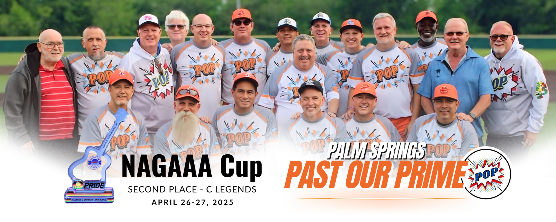 NAGAAA Cup team photo of baseball players in white uniforms posing on the field with event logos.
