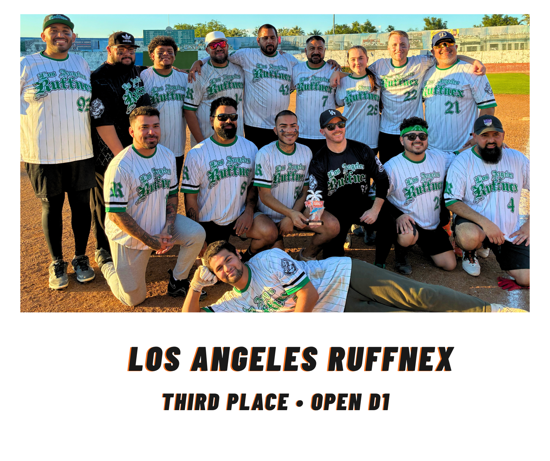 Los Angeles Ruffnex softball team posing on a field with “Third Place • Open D1” text below