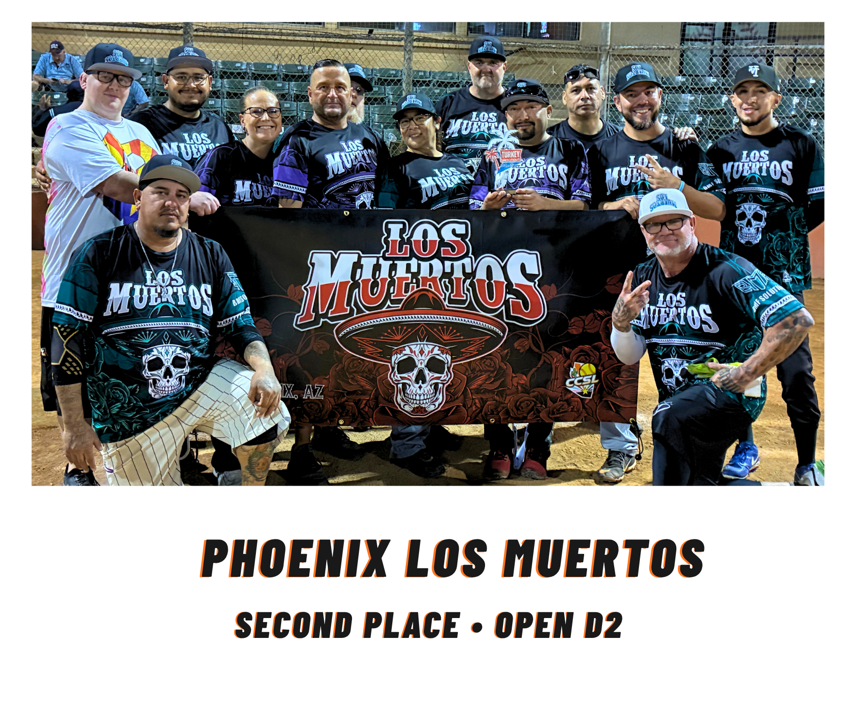 Phoenix Los Muertos baseball team holding a banner, second place, Open D2