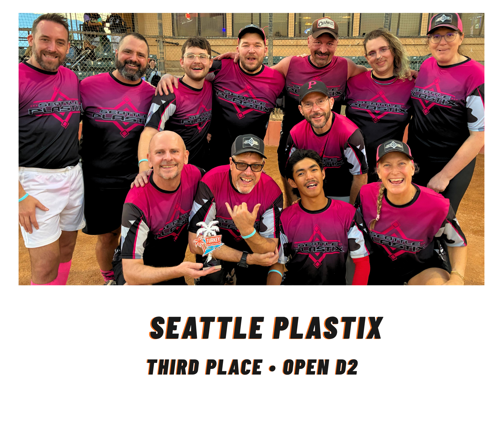 Seattle Plastix team group photo in pink jerseys, captioned “Third Place • Open 02.”