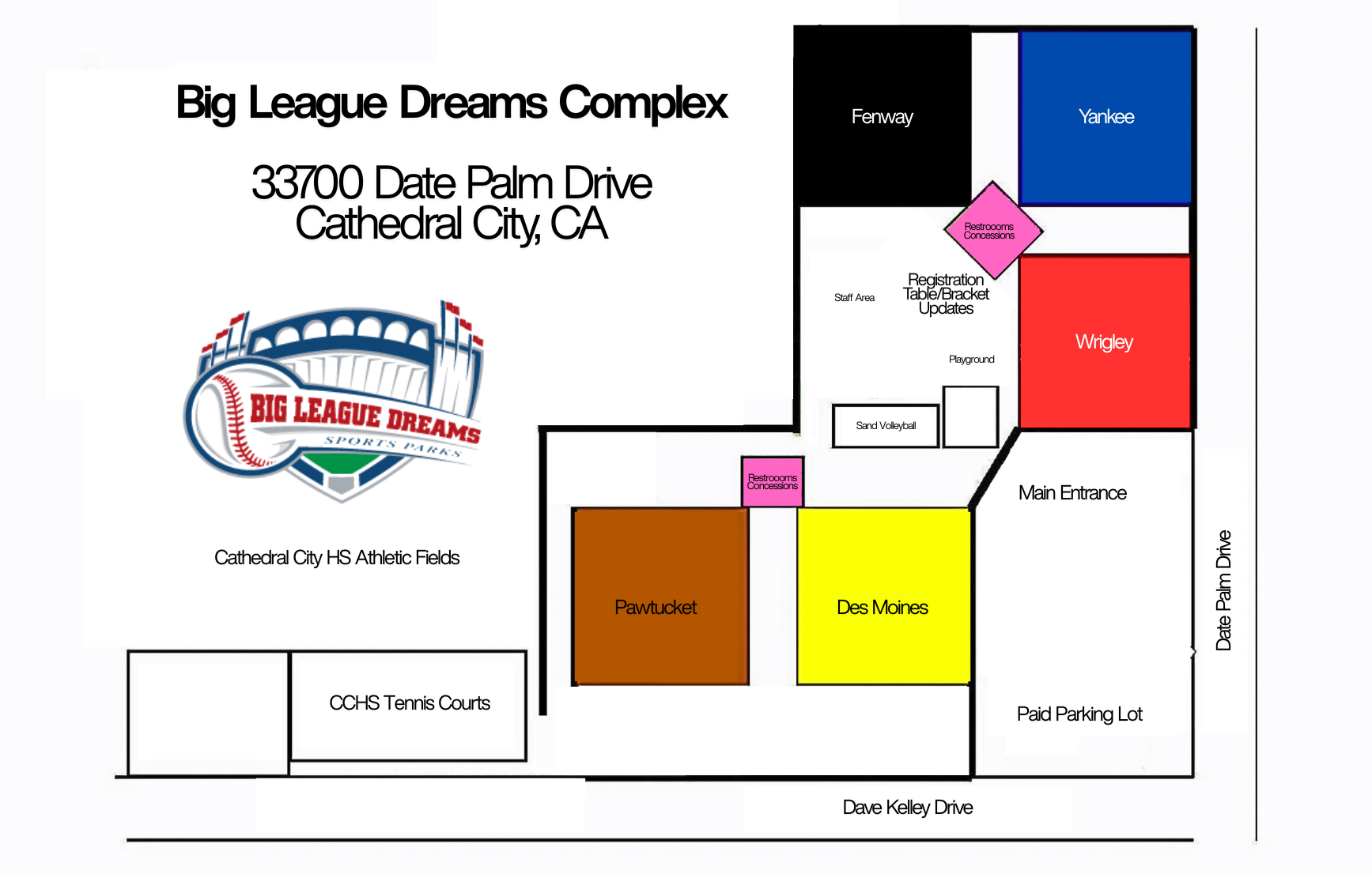 Map of Big League Dreams Complex in Chula Vista, CA, with color-coded fields and parking layout.