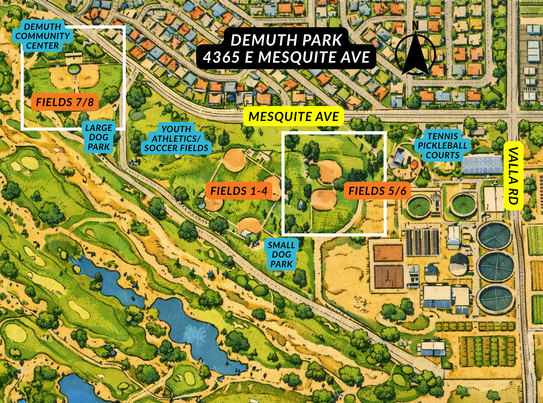 Map of DeMuth Park with labeled streets, paths, and green spaces in tan and green tones