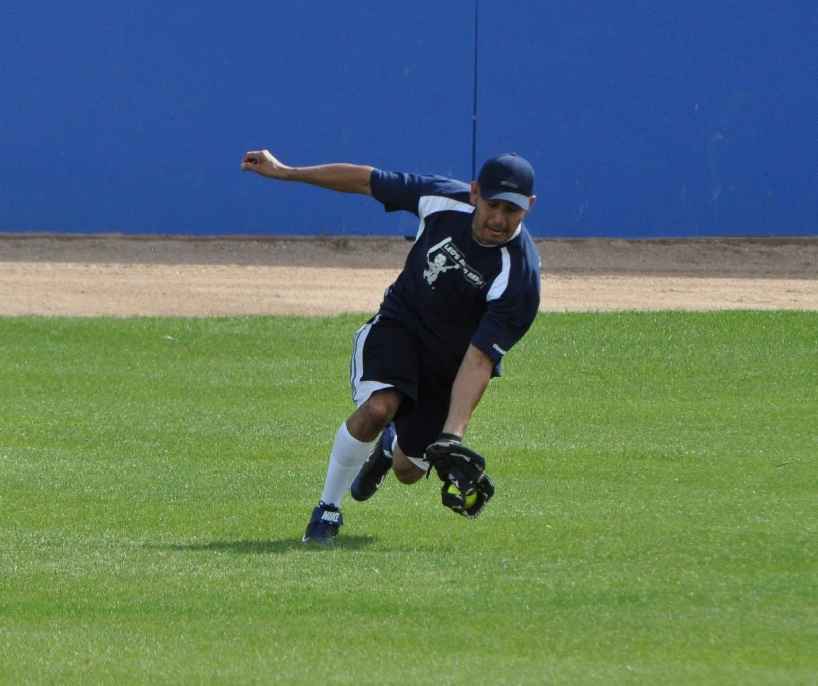Baseball player in dark uniform fielding a ground ball on green grass with blue wall in background