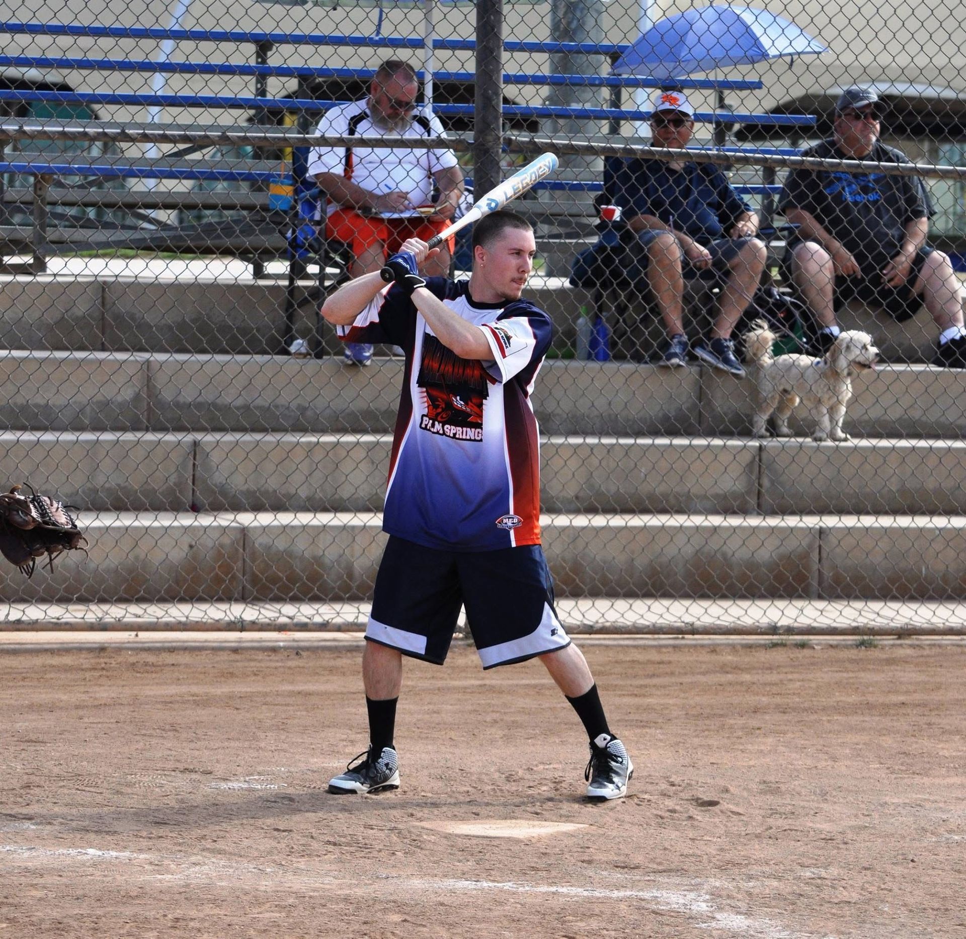 Softball batter in navy and red uniform stands at home plate with bat raised, ready to swing.