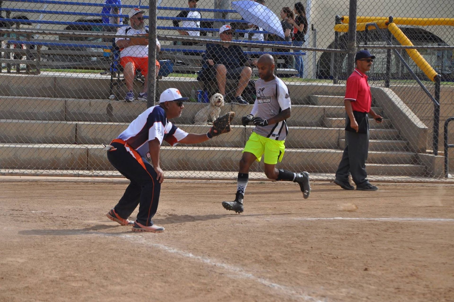 Two players on a dirt field reach for a baseball, with an umpire standing nearby.