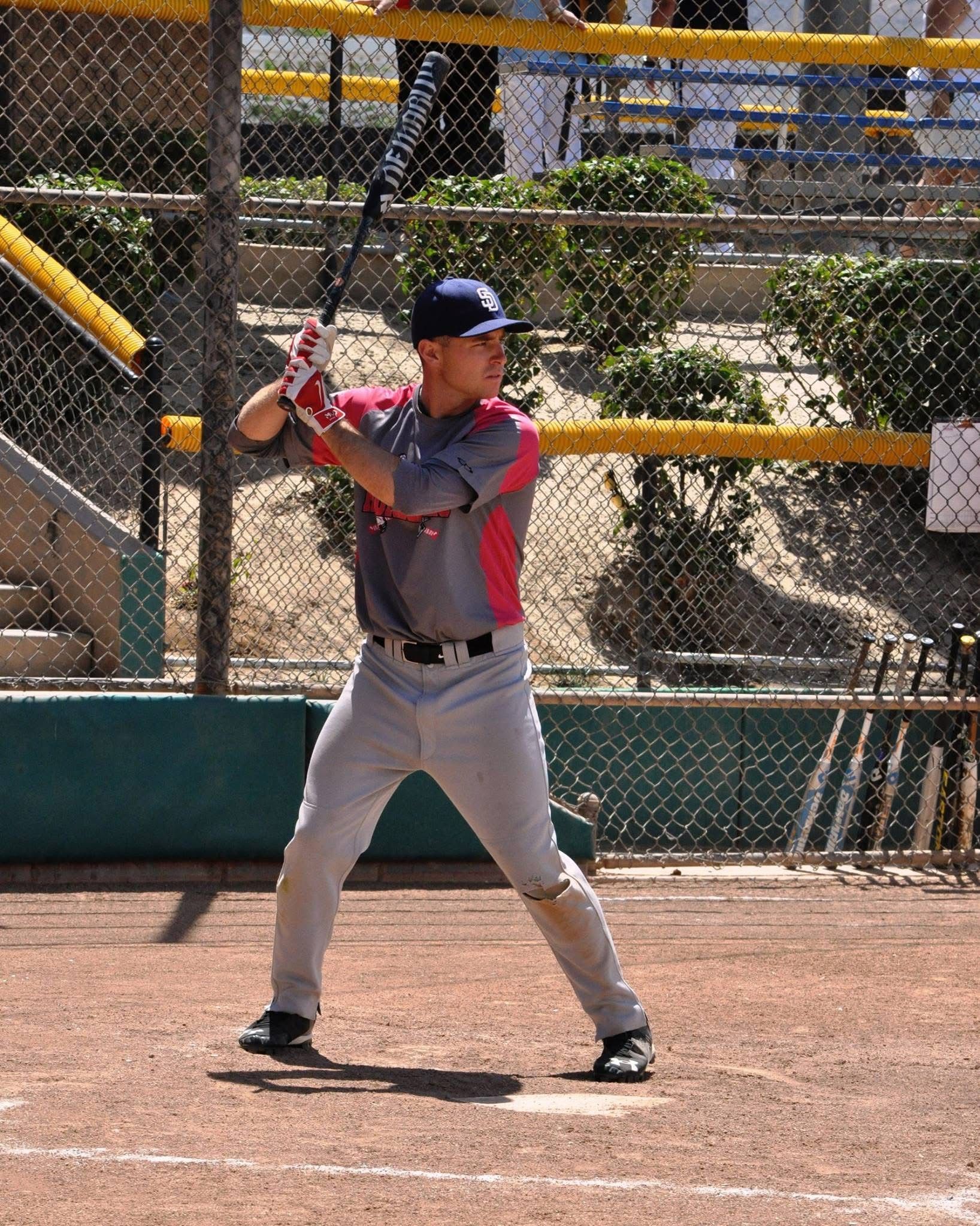 Baseball player in gray and red uniform holding a bat in a batting stance behind a chain-link fence.