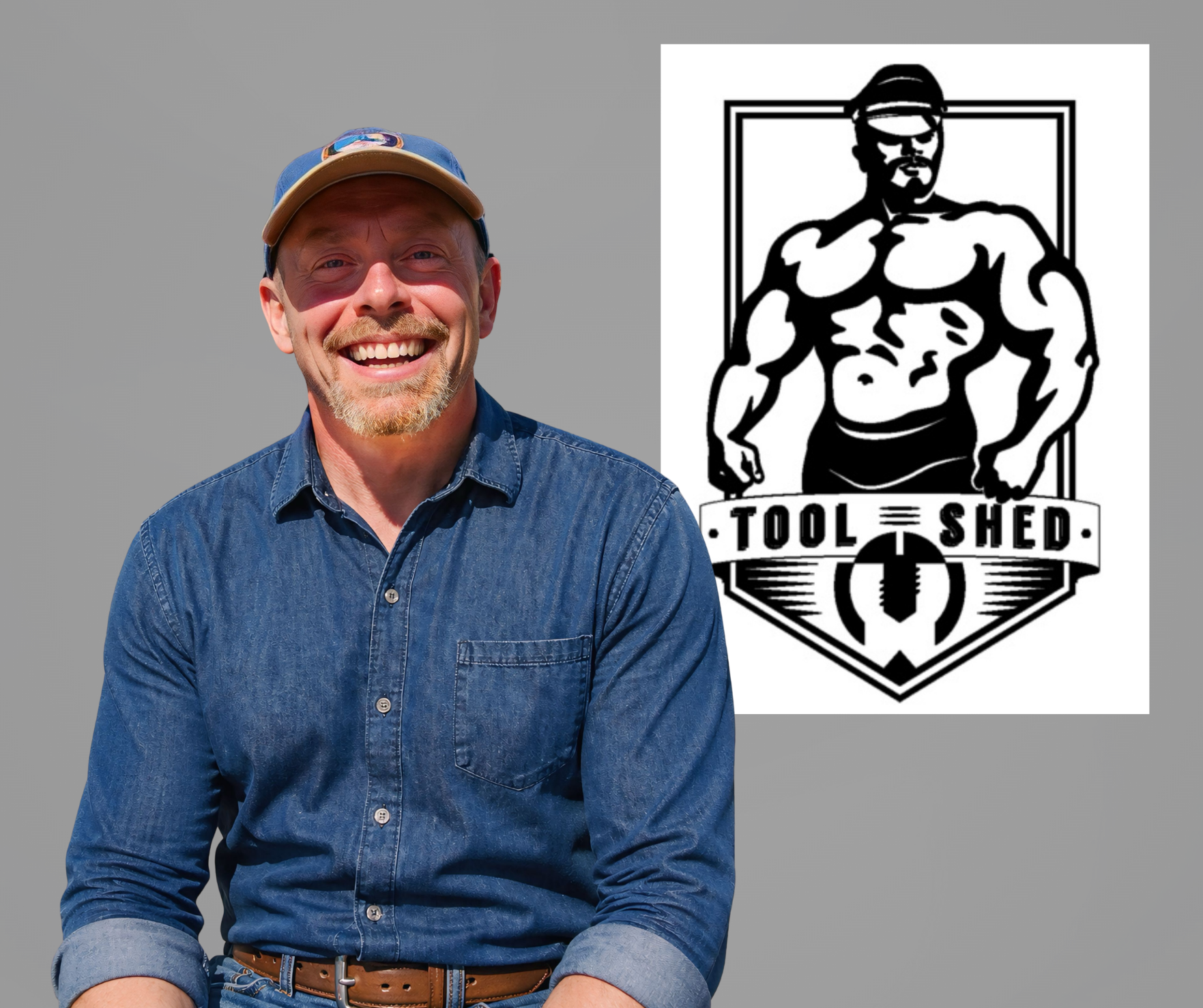Smiling man in a blue shirt and cap beside a black-and-white Tool Shed logo on a gray background