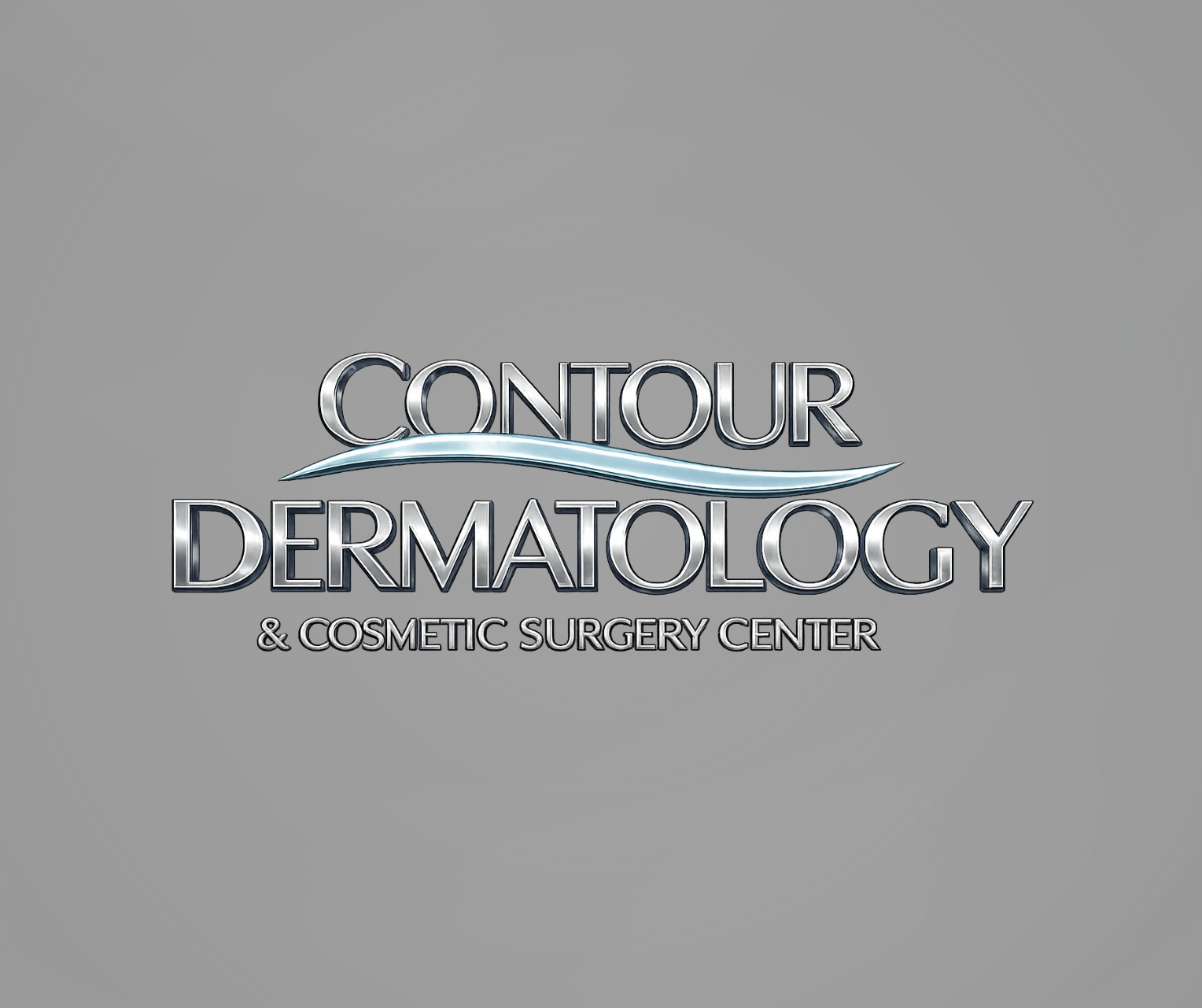 Contour Dermatology logo on a gray background with a metallic silver emblem and text