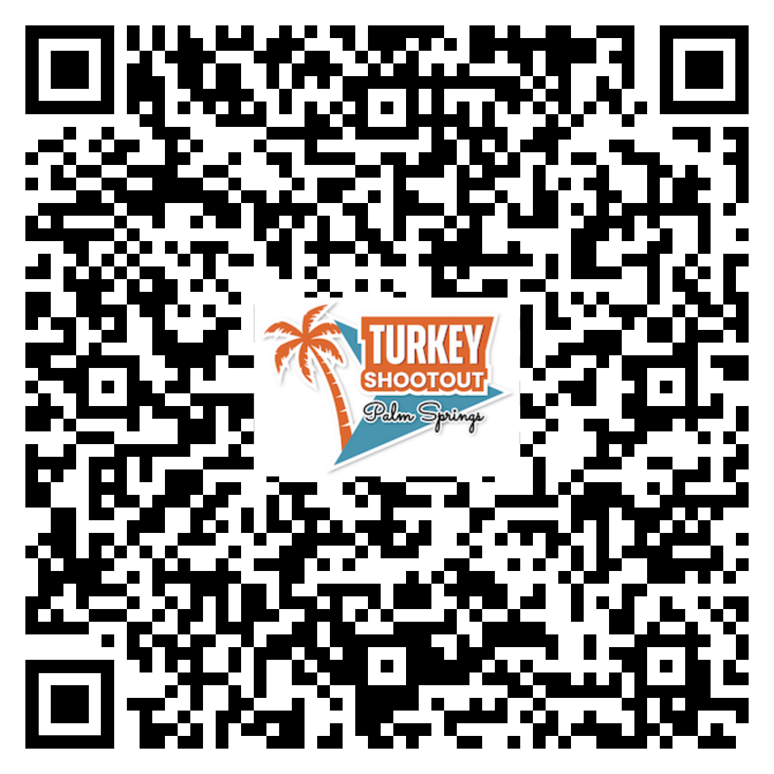 Black-and-white QR code with a central Turkey Shootout logo featuring a palm tree and orange text