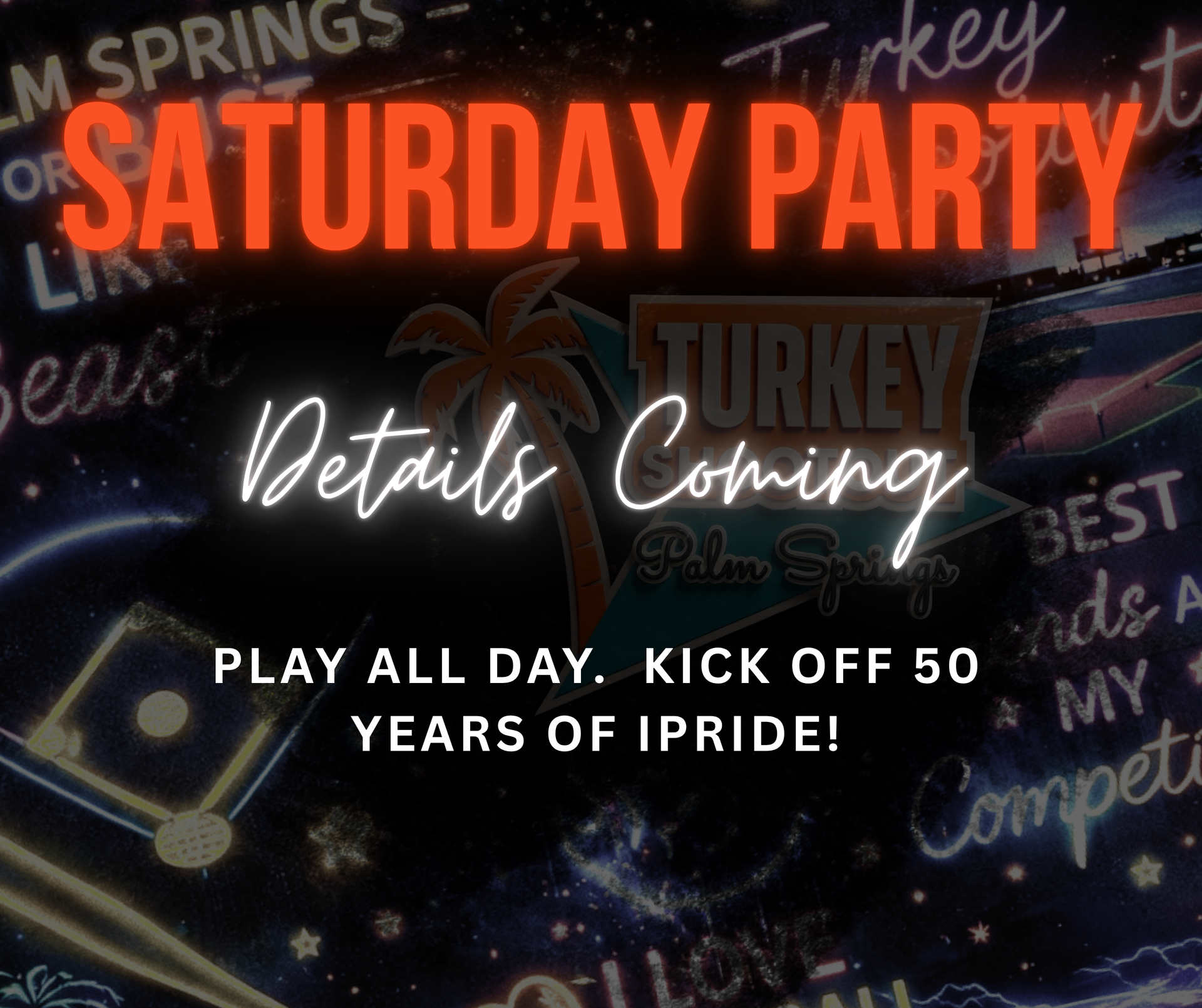 Podcast promo with two smiling men, bold orange “SATURDAY PARTY” text, and a “STAY TUNED” banner over a dark background