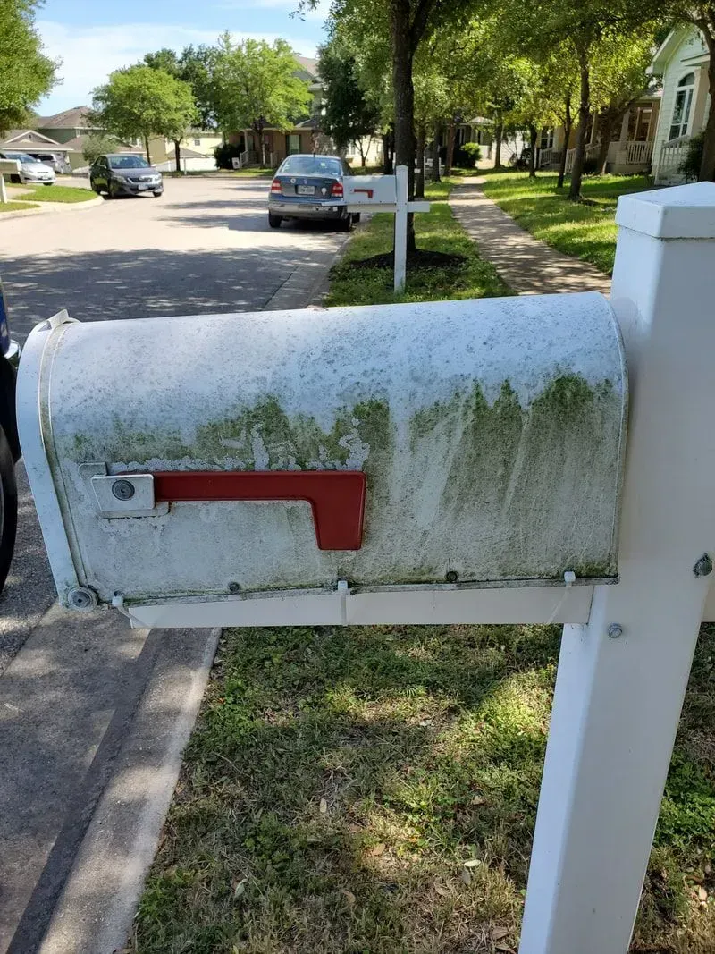 A white mailbox with a red letter t on it is sitting on the side of the road.