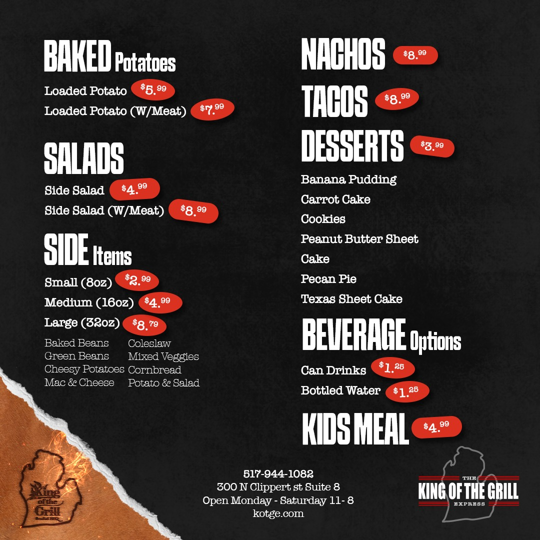 King of the Grill Express menu featuring sides, salads, desserts, beverages and kids meals with prices 