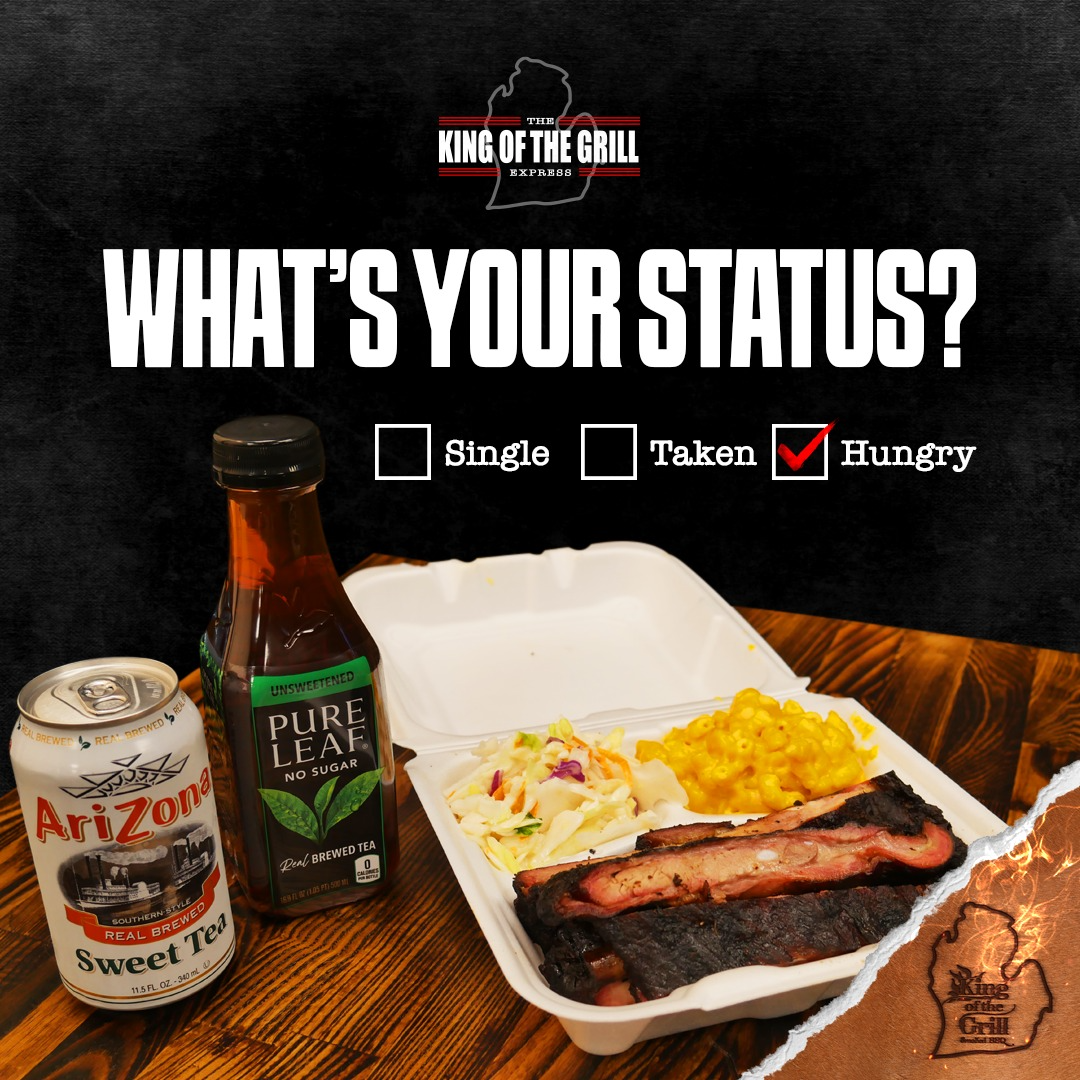 BBQ meal with drinks and 'What's Your Status?' showing Single, Taken, Hungry - King of the Grill Express's menu presentation