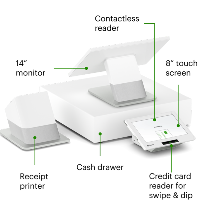 POS system with touchscreen display, printer, and payment terminal. POS system with touchscreen display, printer, and payment terminal.